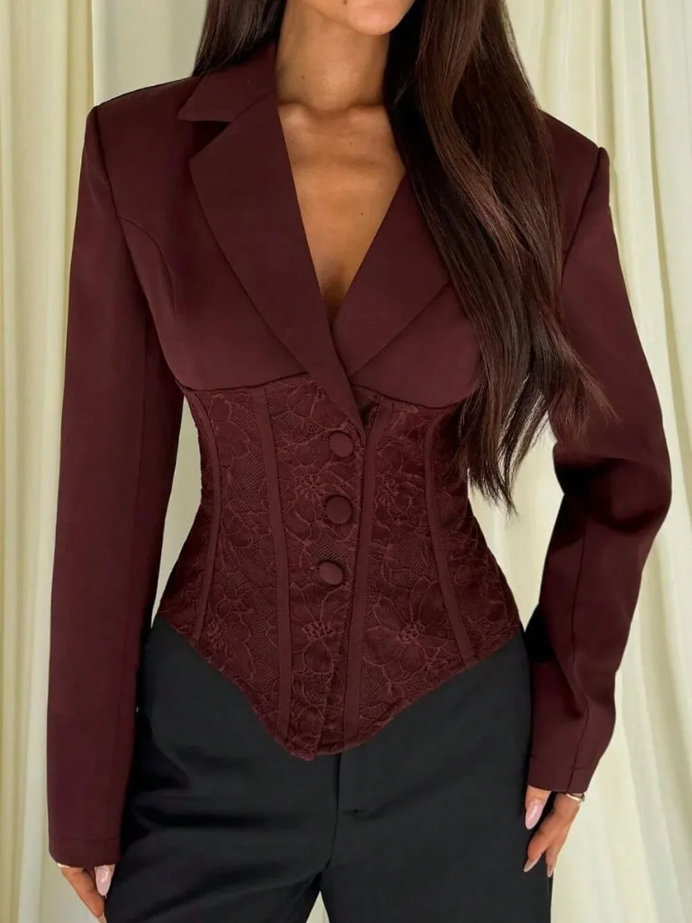 Burgundy Elegant Women's Sexy Romantic High-End Lace Patchwork Blazer